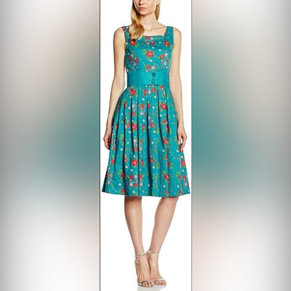 Lindy Bop Lana Teal Floral Party Dress NWT Rockabilly Size 6 - Picture 4 of 13